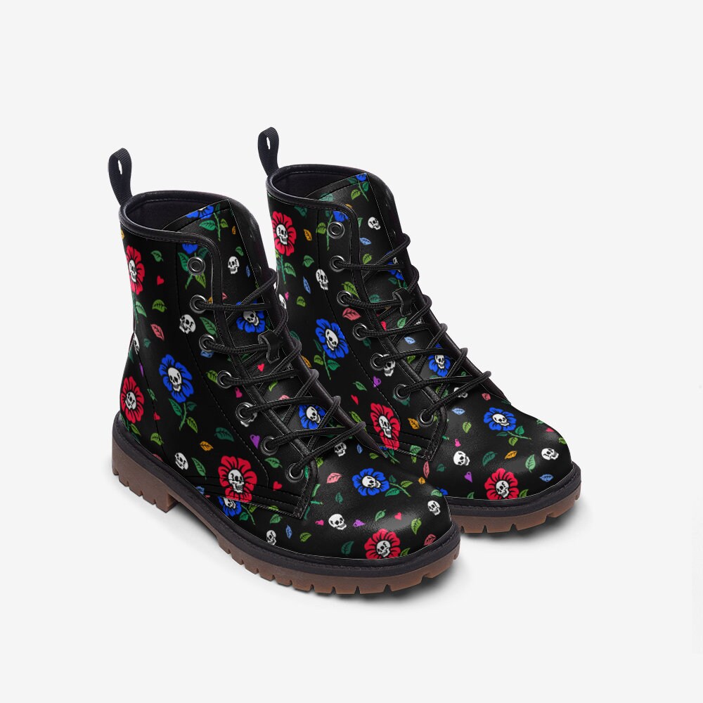 Skull flower print boots, creepy cute festival shoes, dark floral lace ups, punk inspired combat footwear, edgy alternative fashion boots