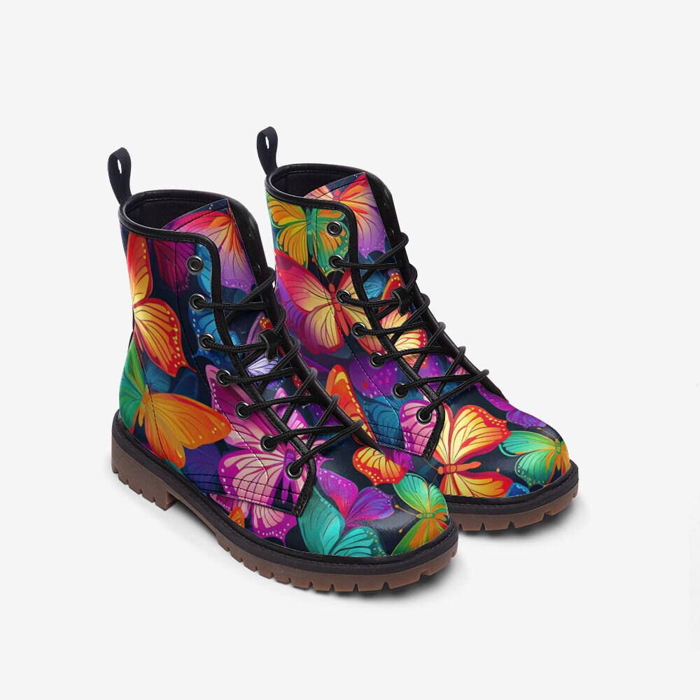 Rainbow butterfly combat boots, fairycore festival lace up shoes, psychedelic rave platform footwear, enchanted insect print ankle boots