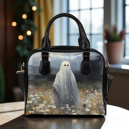 haunted meadow satchel, ghost in flowers bag, witchy spirit crossbody, cottagecore ghost purse,spooky meadow handbag,spectral floral satchel