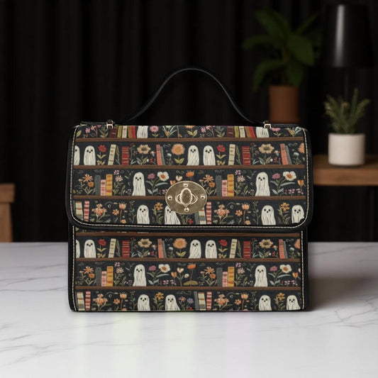 Ghost Library Print Purse, Witchcore Book Bag with Ghosts, Dark Academia Shoulder Bag, Halloween Satchel for Spooky Girls, Goth Gift Idea