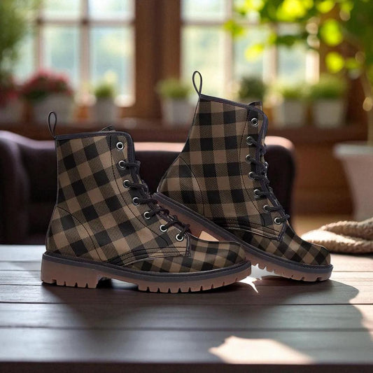 Brown check combat boots, vintage plaid goth boots, dark academia lace up shoes, rustic punk footwear, neutral grunge boots, retro boots