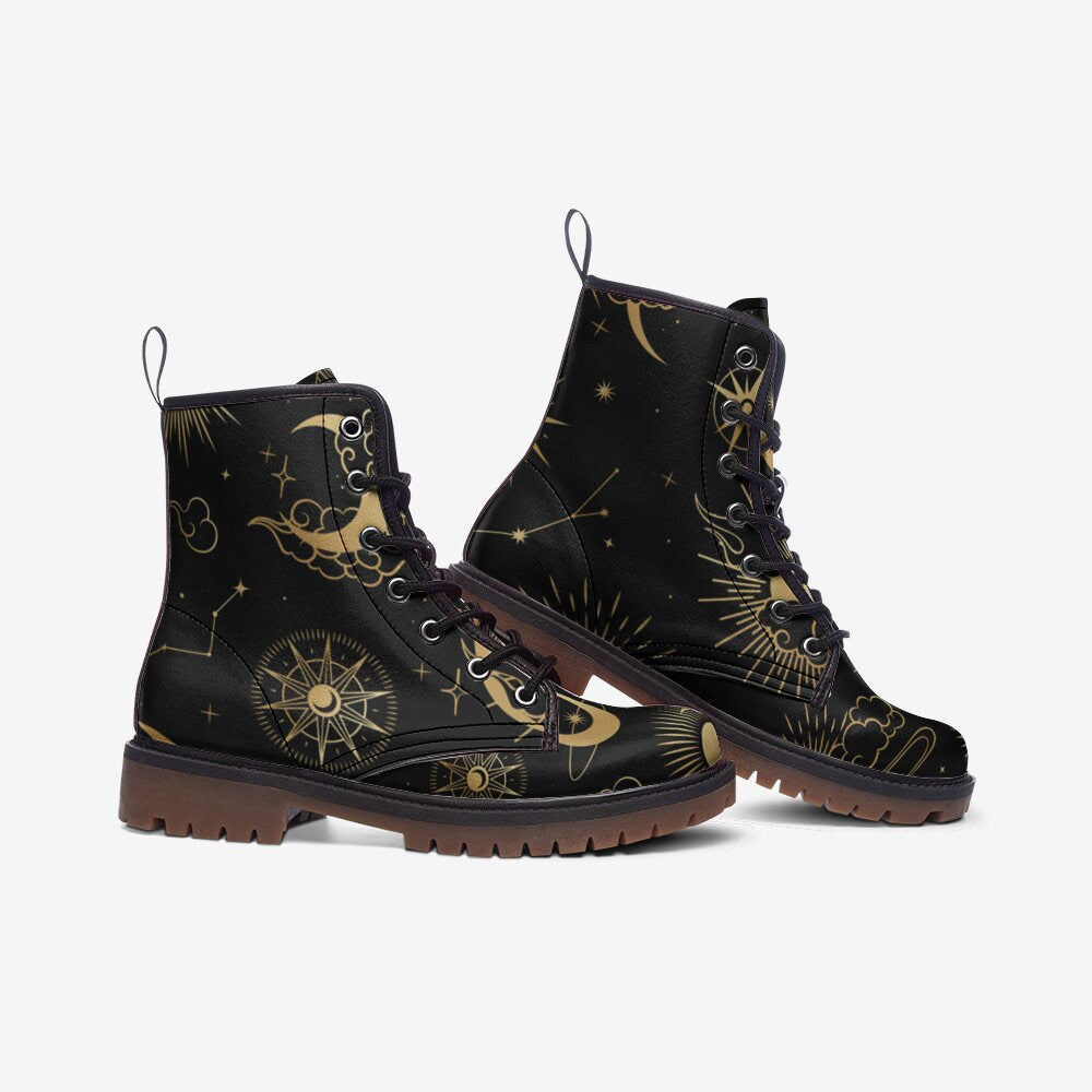 Star map shoes, cosmic chart boots, lunar eclipse footwear, dreamy sky lace ups, astrology ankle shoes, astral guide boots, cosmos footwear