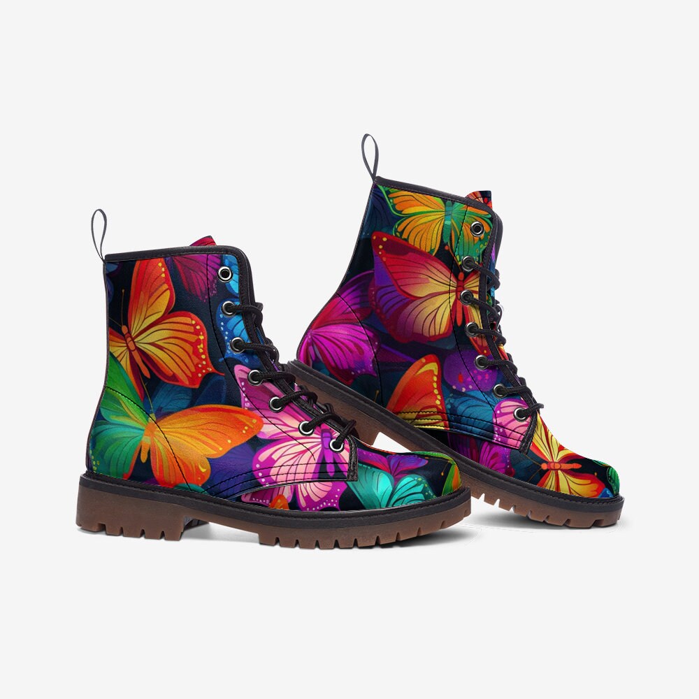 Rainbow butterfly combat boots, fairycore festival lace up shoes, psychedelic rave platform footwear, enchanted insect print ankle boots