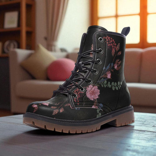 Dark Floral Combat Boots, Gothic Flower Lace Up Boots, Moody Garden Punk Boots for Women,Soft Grunge Witchy Footwear,Floral Print Ankle Boot