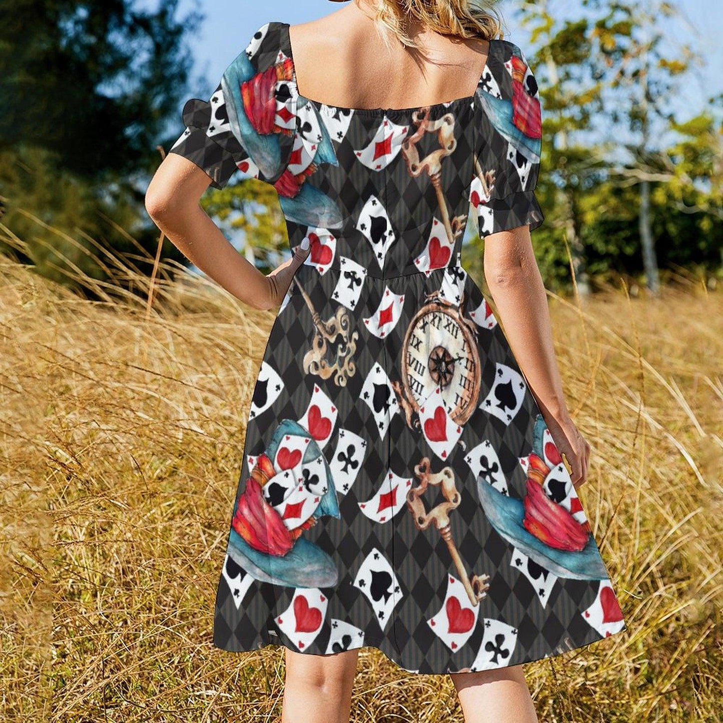Playing card print dress, red sweetheart puff sleeve, Alice in Wonderland mini dress, fairytale fantasy outfit, whimsical themed party dress