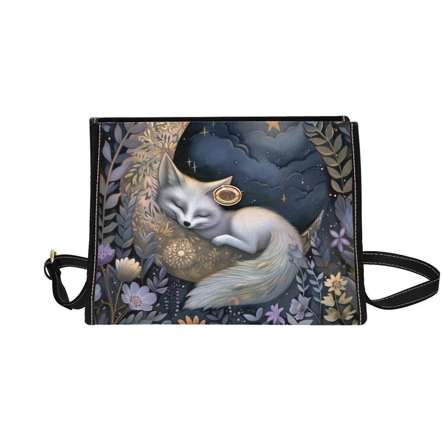 Lunar Witch Shoulder Bag for Women, Celestial Forest Canvas Satchel, Mystical Sleeping Fox Crossbody, Whimsical Alt Girl Gift Idea