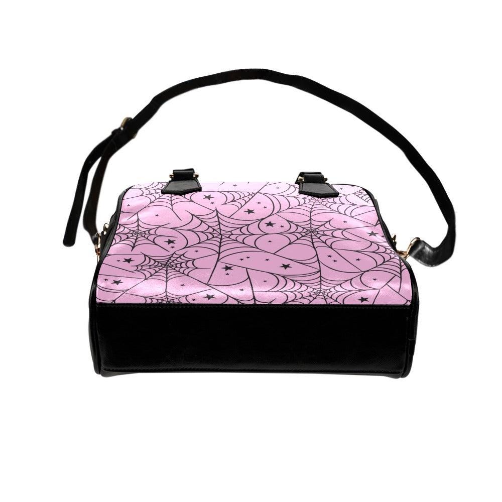 Pink Spiderweb Handbag with Star Pattern, Pastel Goth Purse for Halloween Outfits, Cute Witchy Crossbody Satchel,Kawaii Creepy Aesthetic Bag