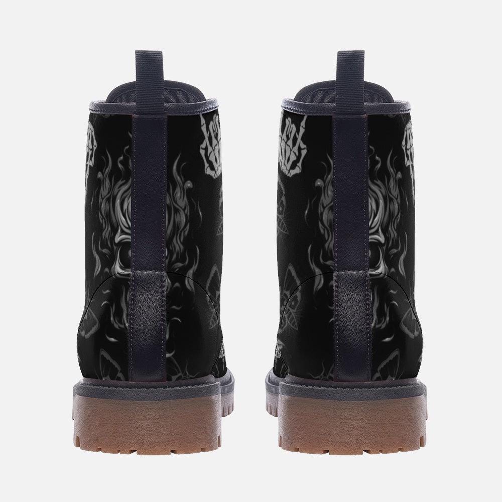 Goth Skeleton Combat Boots, occult punk winter footwear, spooky black festival shoes, witchy bones ankle boots, fairycore statement boots