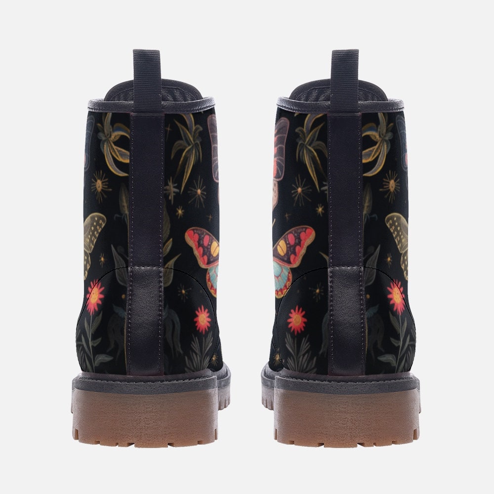 Celestial butterfly combat boots, mystical insect lace up shoes, astrology inspired ankle boots, starry moth pattern footwear,Festival boots