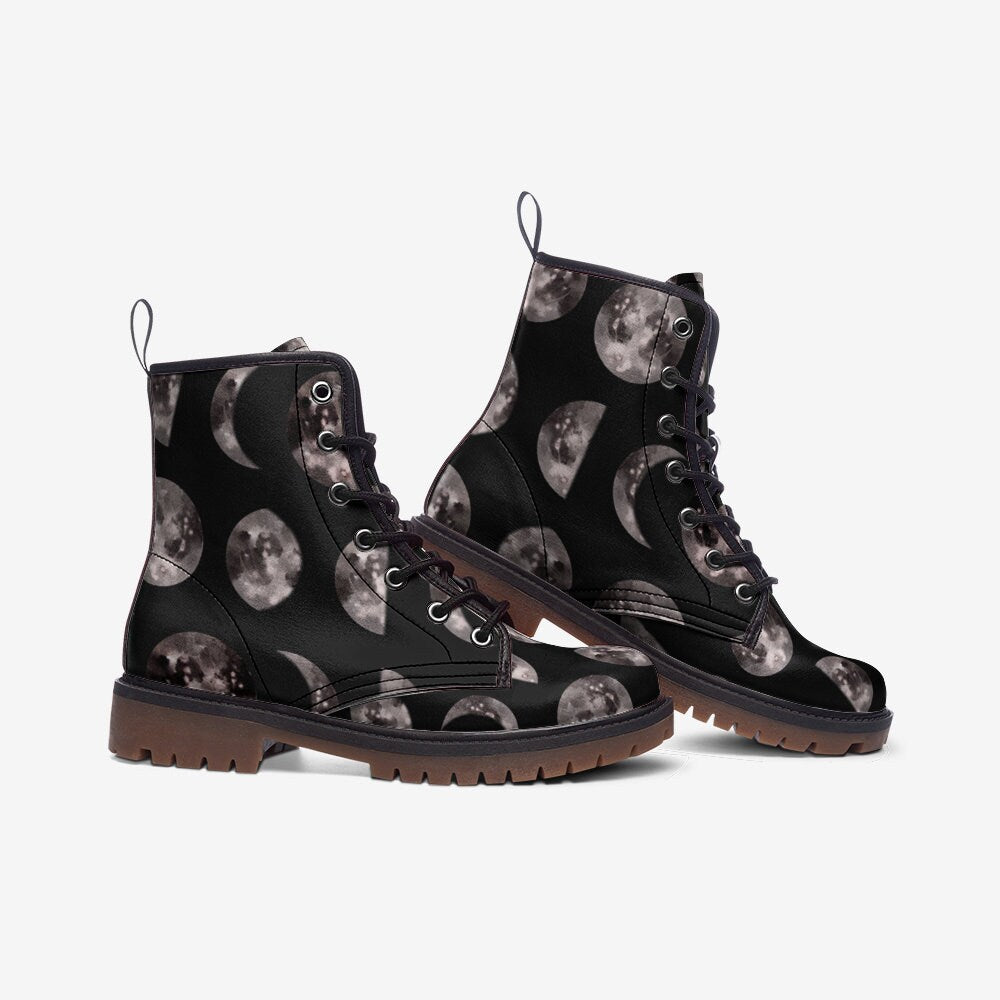 Lunar cycle shoes, dark moon boots, eclipse phase footwear, celestial orbit lace ups, enchanted night shoes, mystical boots, astral footwear