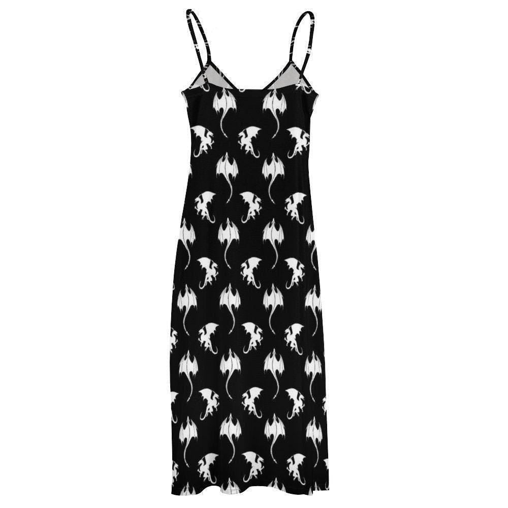 Gothic Dragon Maxi Dress, Witchy Fantasy Slip Dress, Black Dragoncore Summer Outfit, Alt Mythical Creature Clothing, Fairycore Festival Look
