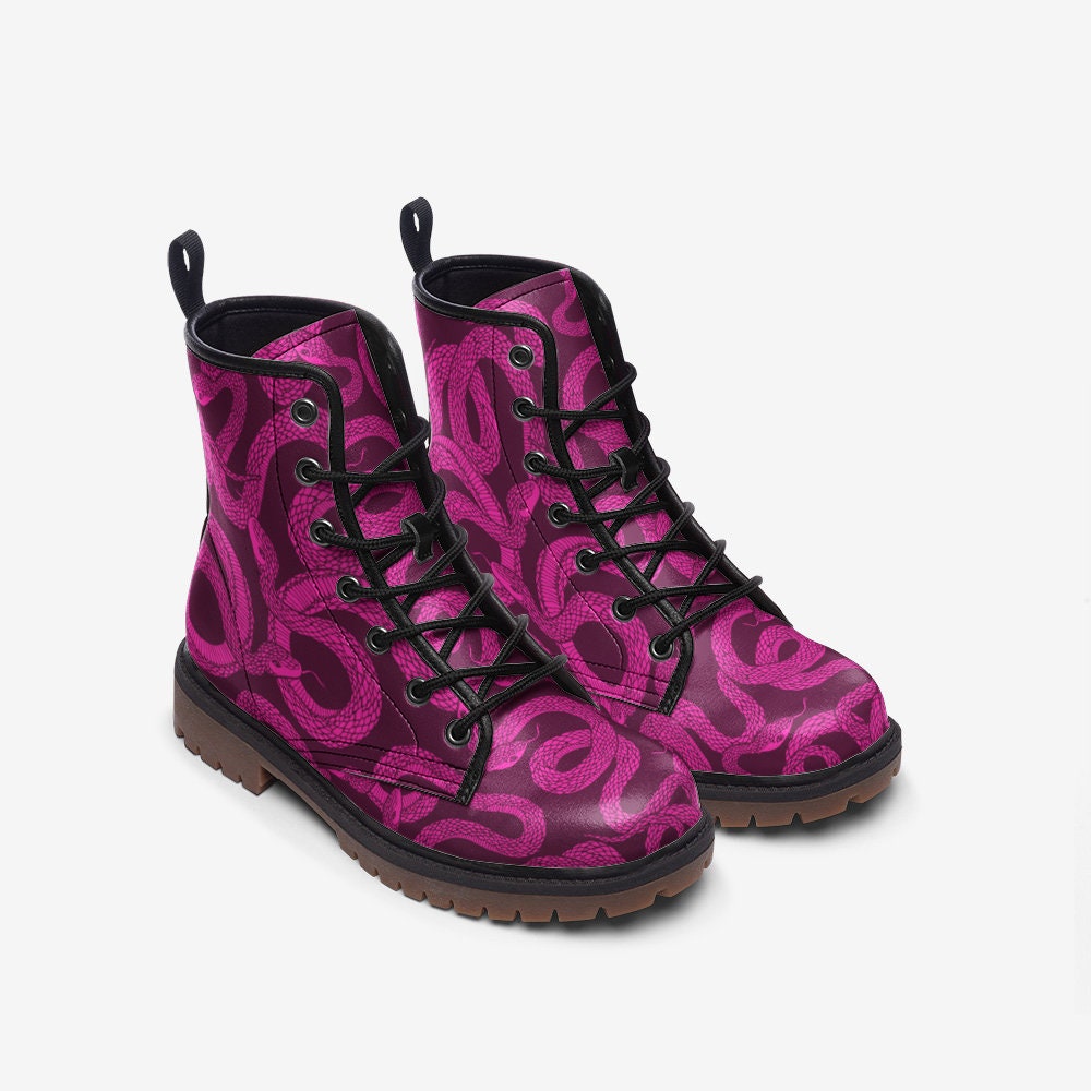 Magenta Snake Combat Boots, Witchy Punk Lace Up Shoes, Alt Girl Festival Footwear, Venom Print Grunge Boots,Gothic Reptile Aesthetic Fashion