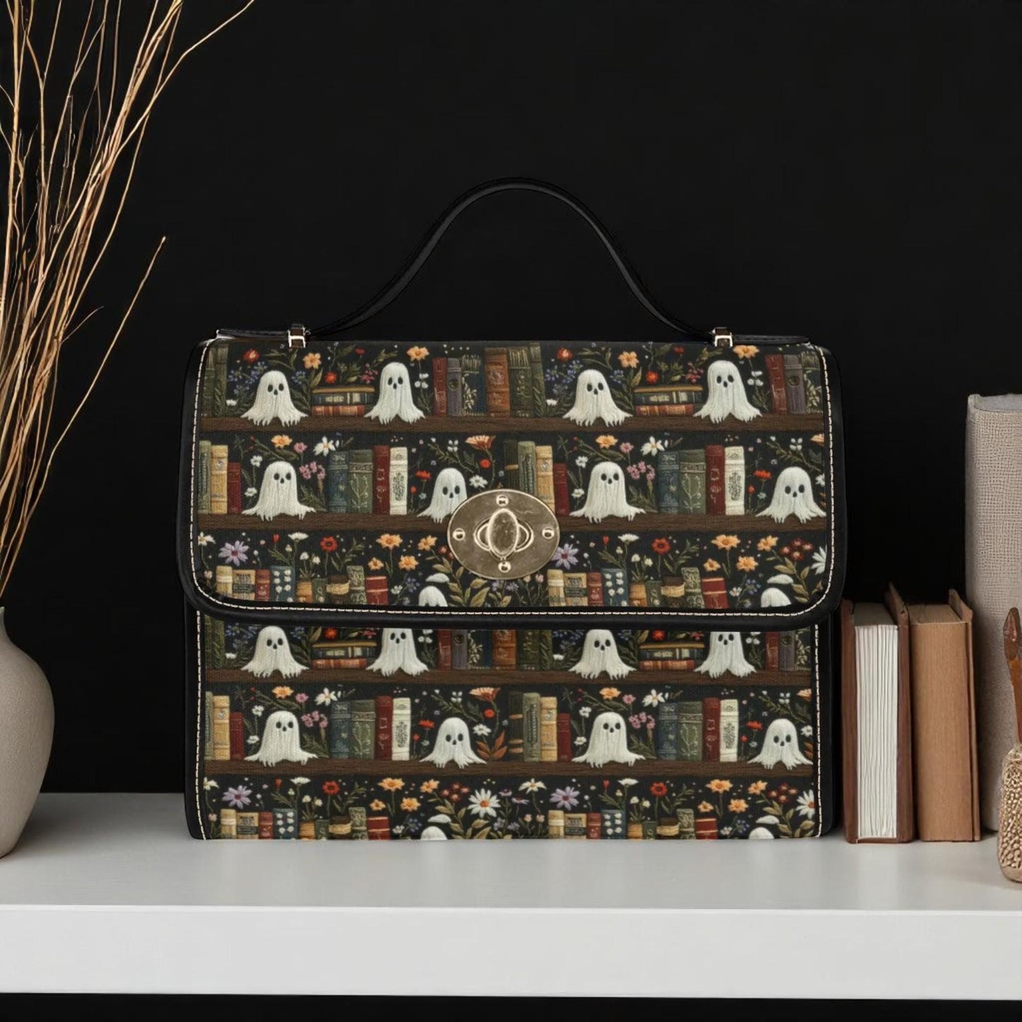 Ghost Library Shoulder Bag, Spooky Book Print Handbag, Witchy Crossbody Purse, Halloween Satchel with Ghosts and Books, Goth Academia Gift