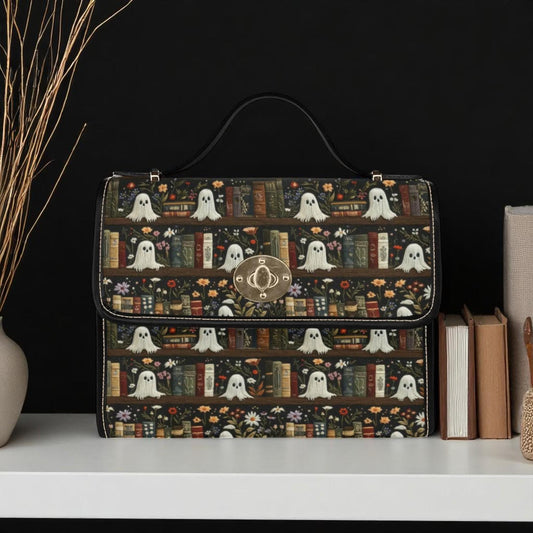 Ghost Library Shoulder Bag, Spooky Book Print Handbag, Witchy Crossbody Purse, Halloween Satchel with Ghosts and Books, Goth Academia Gift