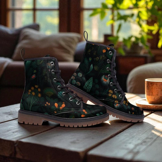 Botanical Forest Combat Boots, Dark Fairycore Shoes, Witchy Woodland Boots, Moody Floral Footwear, Dark Cottagecore Boots, Alt Festival Gear