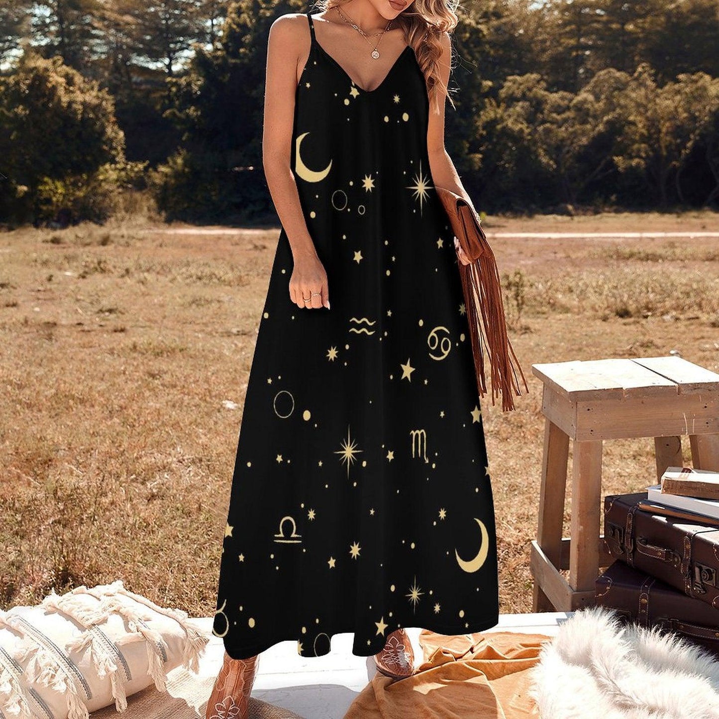 Zodiac Print Maxi Dress, Astrology Boho Clothing, Celestial Horoscope Dress, Witchy Summer Slip Dress, Moon Star Spiritual Aesthetic