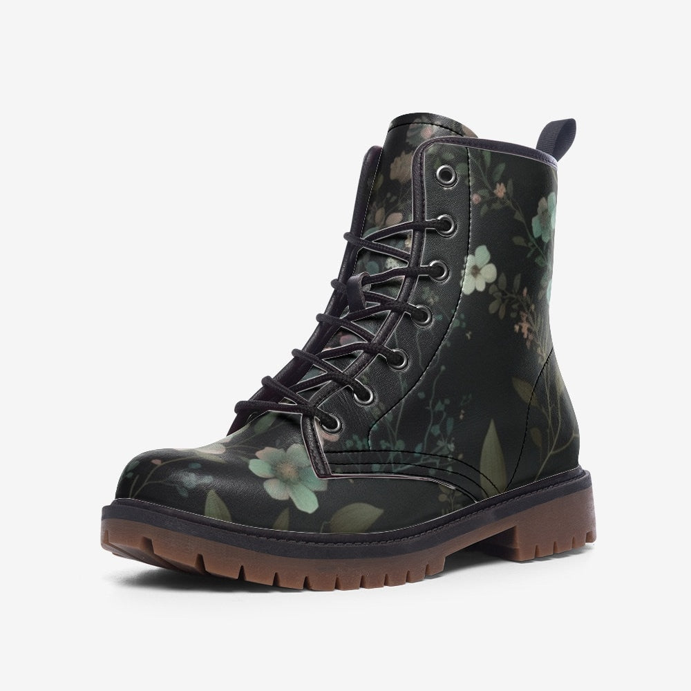 Dark floral combat boots, moody flower lace up shoes, vintage garden ankle boots, botanical print walking boots, Floral style footwear