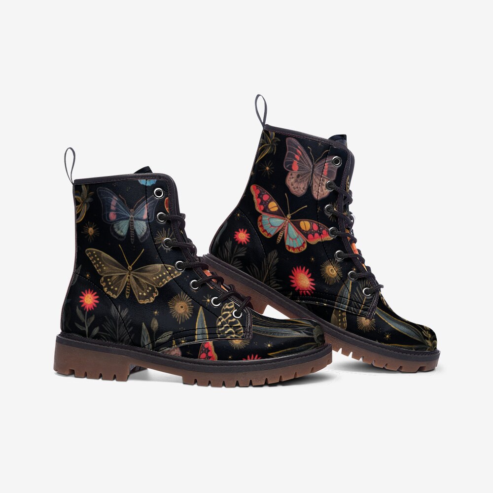 Celestial butterfly combat boots, mystical insect lace up shoes, astrology inspired ankle boots, starry moth pattern footwear,Festival boots