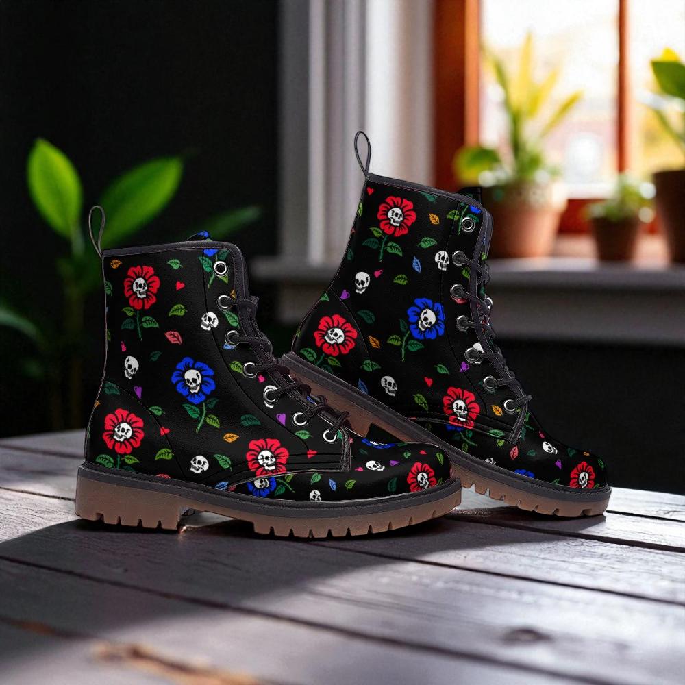 Skull flower print boots, creepy cute festival shoes, dark floral lace ups, punk inspired combat footwear, edgy alternative fashion boots