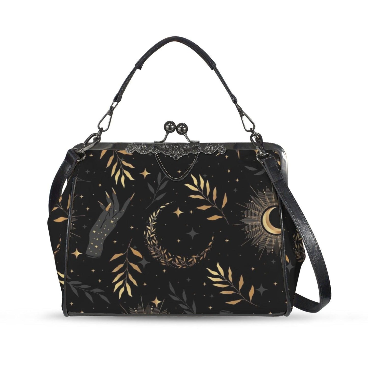Golden Celestial Purse, Moon Stars Evening Bag, Witchy Floral Handbag, Gothic Crossbody Clutch, Occult Night Accessory, Astrology Satchel