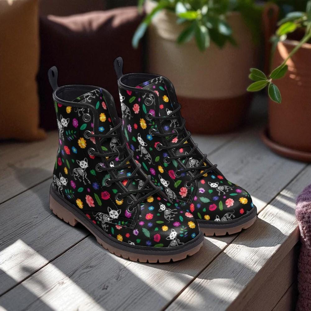 Skeleton Cat Combat Boots, Goth Floral Festival Boots, Dark Fairycore Footwear, Witchy Cat Print Shoes, Alt Pet Aesthetic Gear, Spooky Cute
