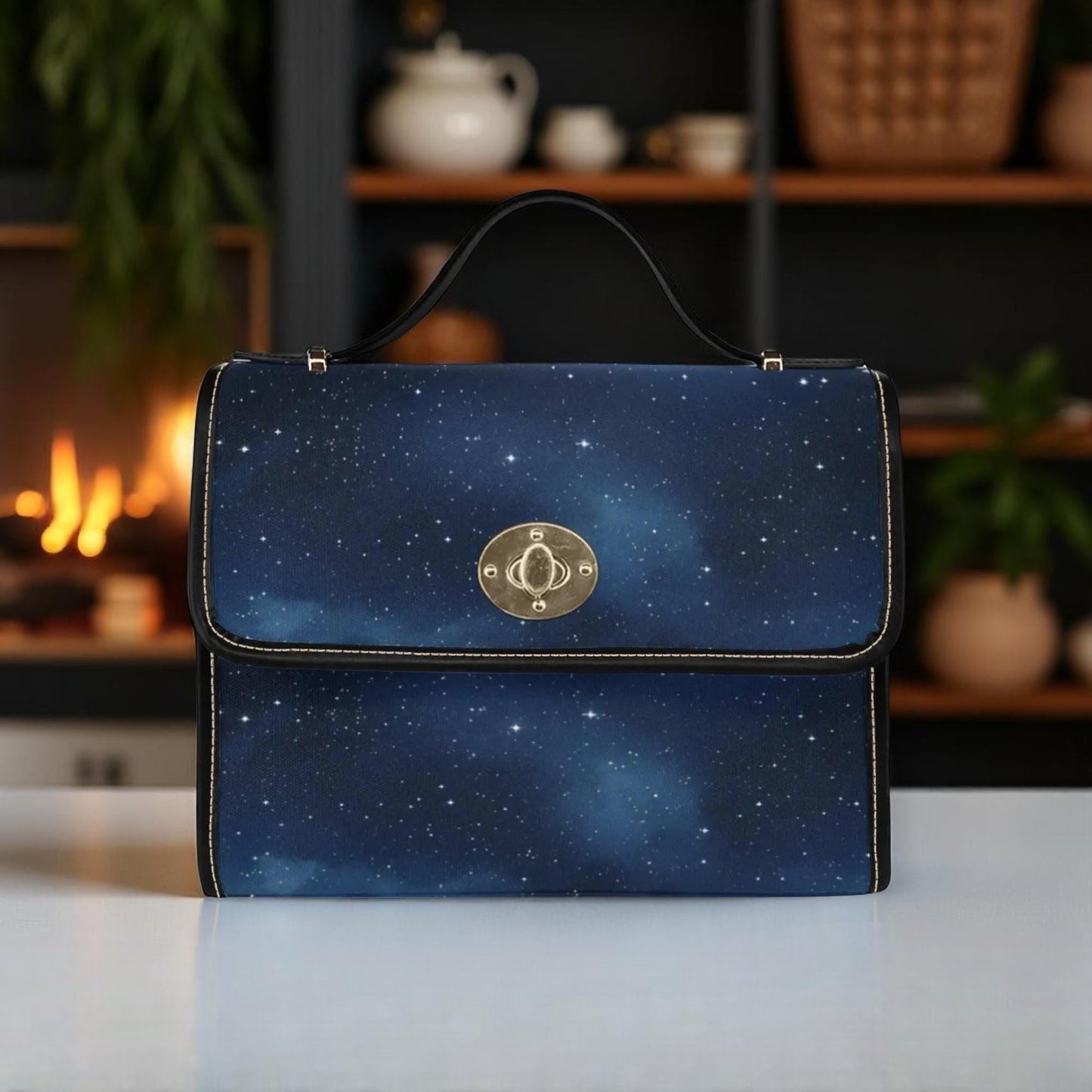 Starry Sky Satchel, Celestial Galaxy Print Purse, Dark Blue Space Handbag with Stars, Cosmic Aesthetic Alt Bag, Witchy Galaxy Gift