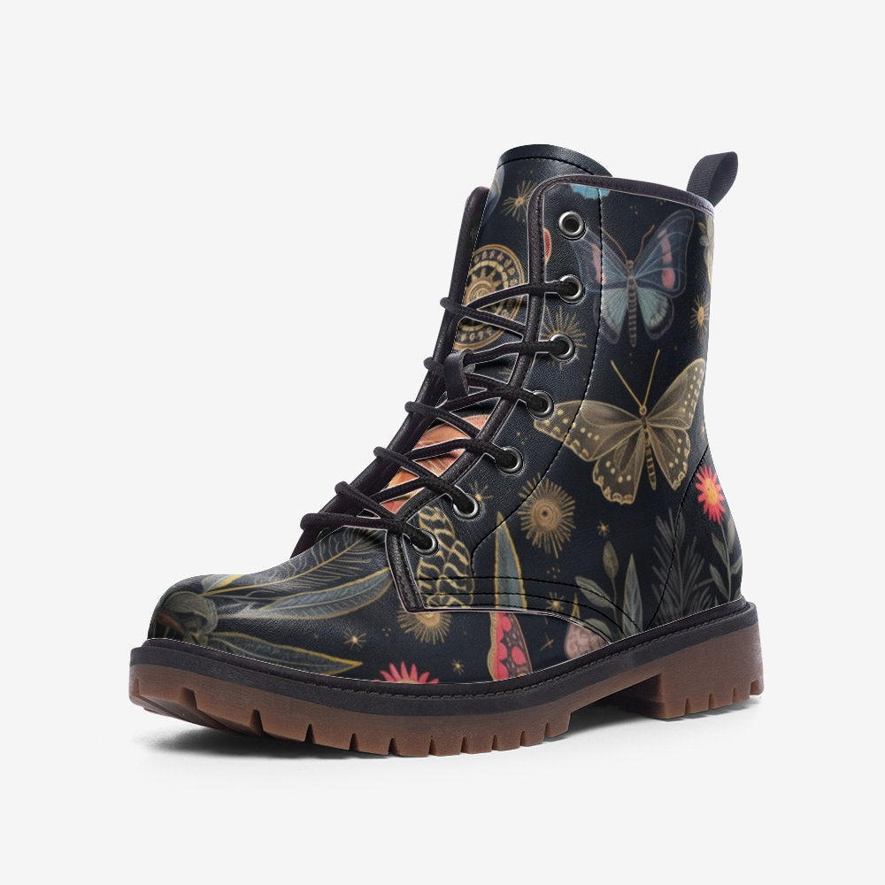 Celestial butterfly combat boots, mystical insect lace up shoes, astrology inspired ankle boots, starry moth pattern footwear,Festival boots