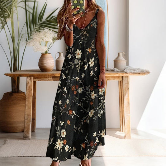 Dark Cottagecore Maxi Dress, Dark Floral Pattern Dress, Wildflower Motif Dress, Witchy Maxi Dress, Fairy Grunge Dress, Whimsigoth Maxi Dress