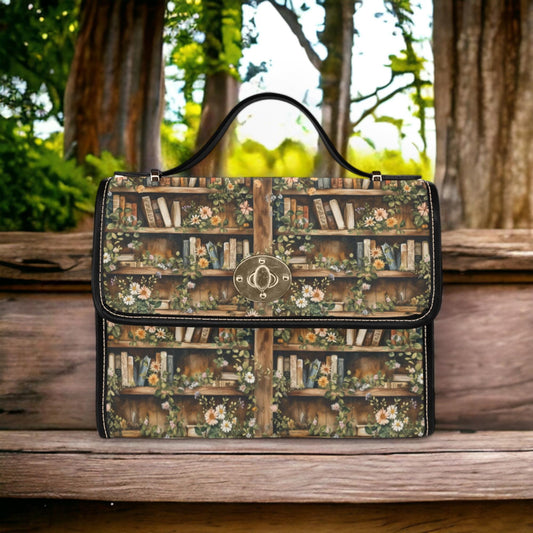 a book case sitting on top of a wooden bench