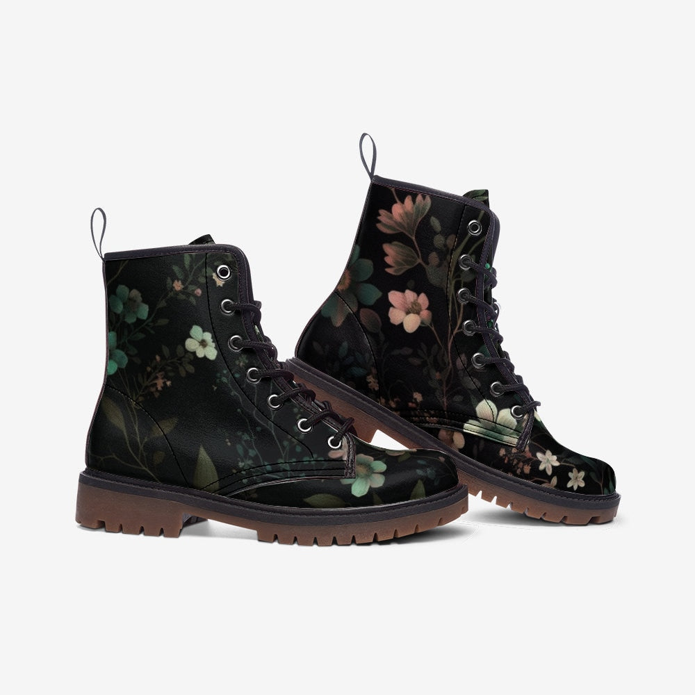 Dark floral combat boots, moody flower lace up shoes, vintage garden ankle boots, botanical print walking boots, Floral style footwear