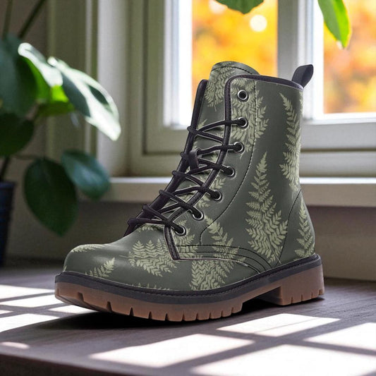 Fern print combat boots, botanical nature lace up shoes, woodland plant ankle boots, forest leaf pattern footwear, rustic walking boots