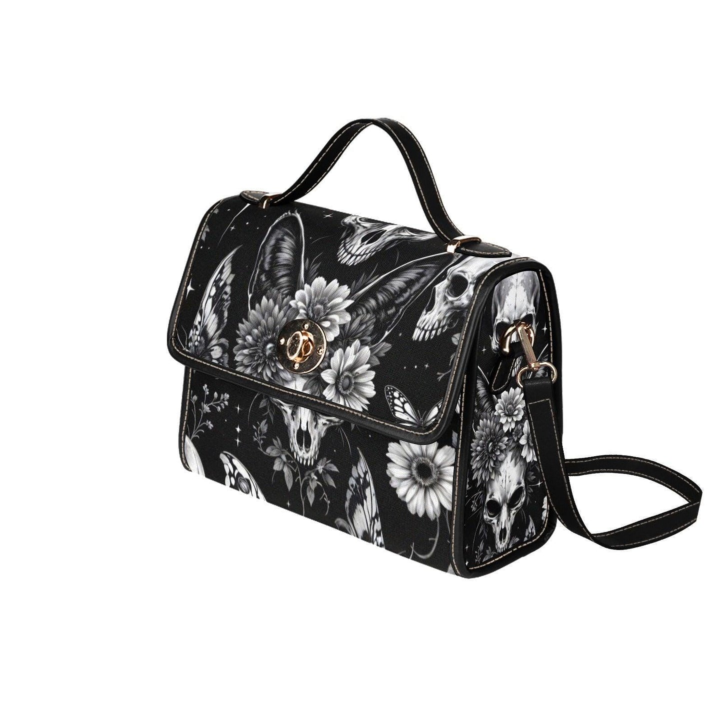 Fantasy familiar satchel bag, moth wing cat skull purse, butterfly skull crossbody, dark floral headpiece handbag, eerie fashion accessory