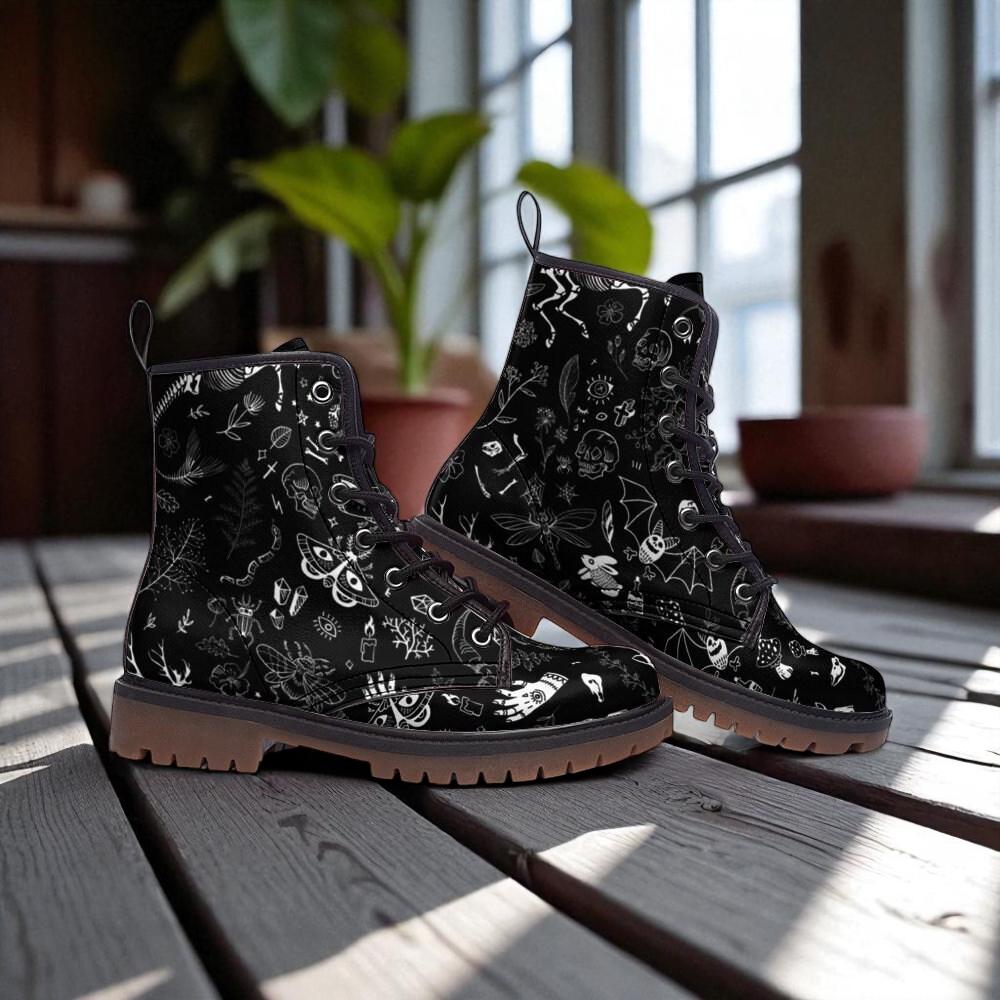 Mystic symbol combat boots, celestial festival lace up shoes, witchy occult printed footwear, astrology inspired alternative fashion boots
