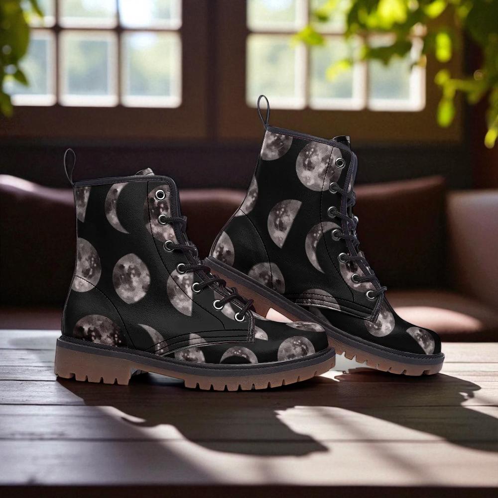 Lunar cycle shoes, dark moon boots, eclipse phase footwear, celestial orbit lace ups, enchanted night shoes, mystical boots, astral footwear