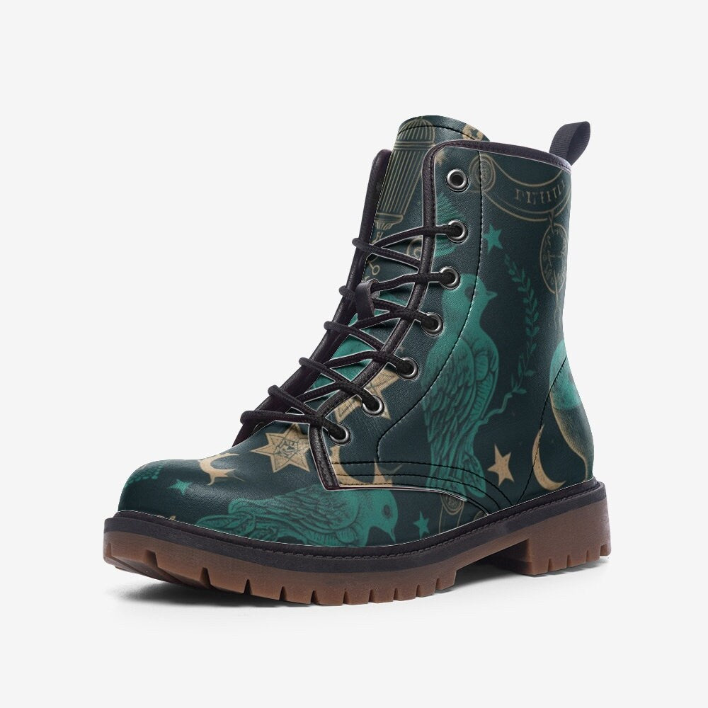 Mystic raven combat boots, enchanted bird lace up shoes, celestial raven footwear, forest night ankle boots, witchy raven festival shoes