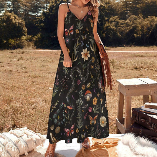 Mystical forest snake dress, Dark fairy mushroom gown, Black garden butterfly sundress, Cottagecore serpent print outfit, Witchcore summer