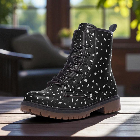 Terrazzo Print Combat Boots, black white festival shoes, witchy streetwear footwear, grunge hiking boots for her, goth winter ankle boots