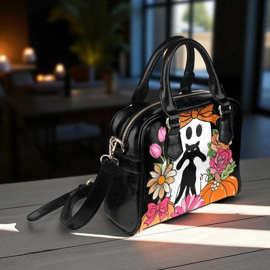 Ghost with black cat bag, pastel Halloween purse, floral spooky satchel, kawaii witchy handbag, pumpkin bow crossbody, cute Halloween purse