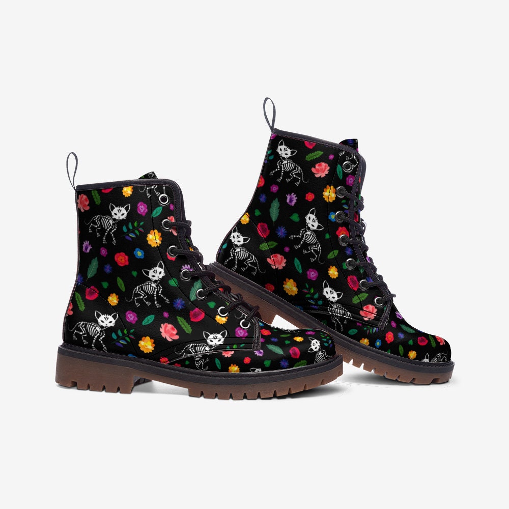 Skeleton Cat Combat Boots, Goth Floral Festival Boots, Dark Fairycore Footwear, Witchy Cat Print Shoes, Alt Pet Aesthetic Gear, Spooky Cute