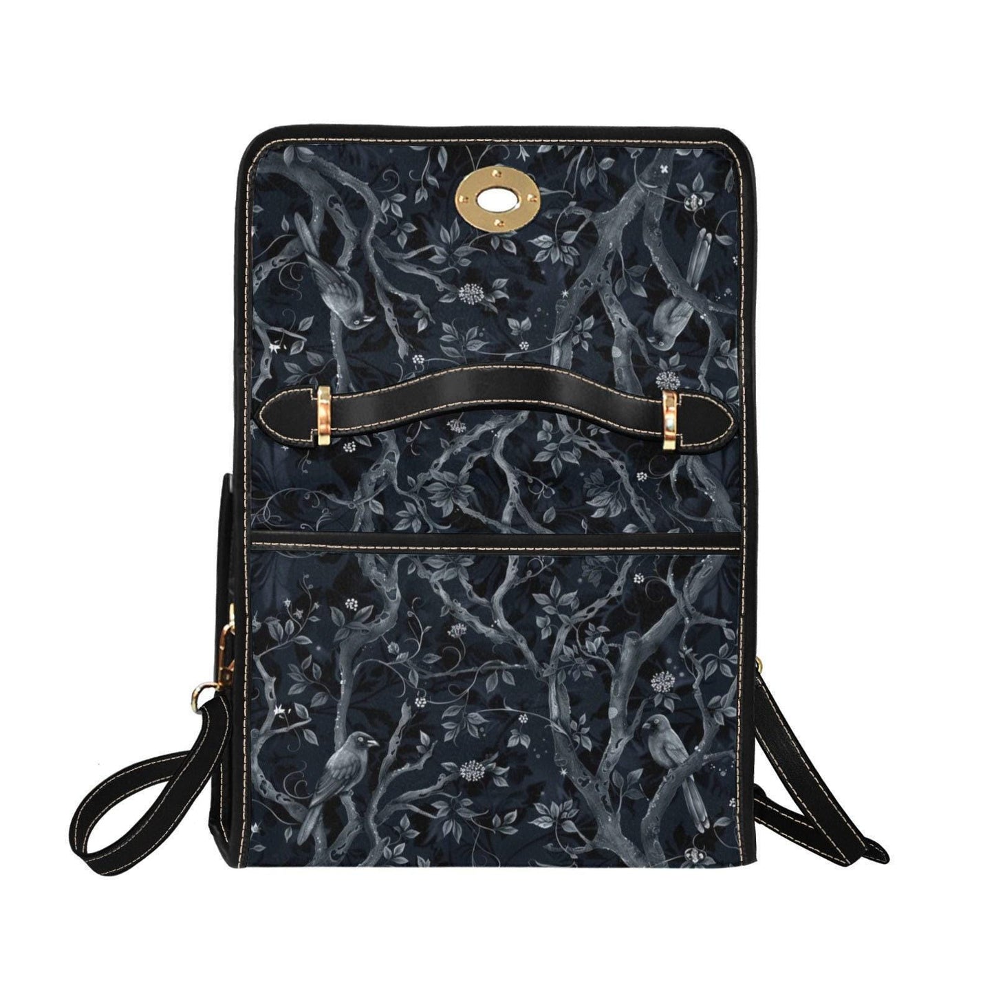 Gothic Satchel Bag with Raven and Forest Print, Witchcore Shoulder Bag for Dark Academia Aesthetic, Mystical Nature-Inspired Purse