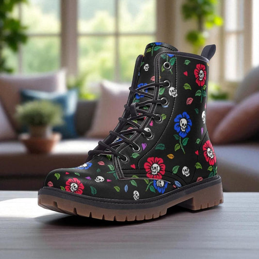 Skull flower print boots, creepy cute festival shoes, dark floral lace ups, punk inspired combat footwear, edgy alternative fashion boots
