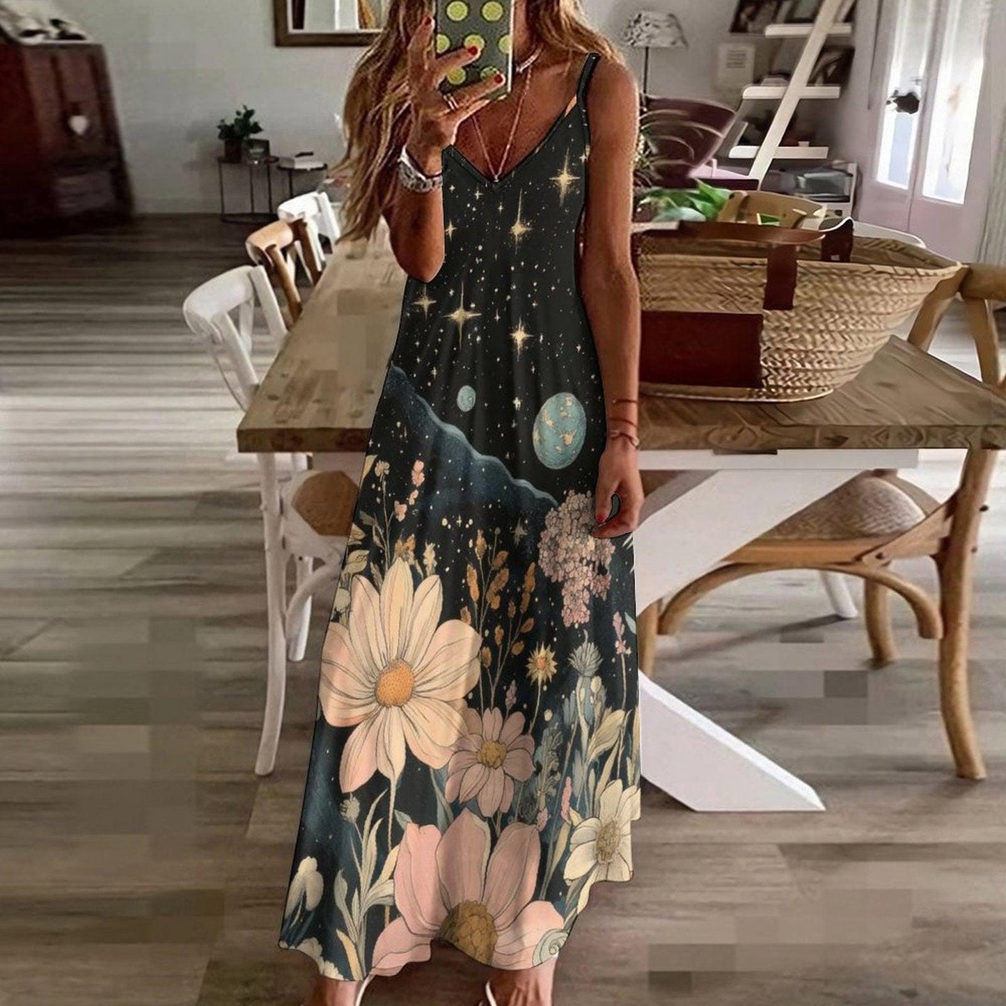Cosmic flower garden dress, Galaxy print maxi sundress, Celestial night floral outfit, Starry witchcore boho gown, Moon and daisies design