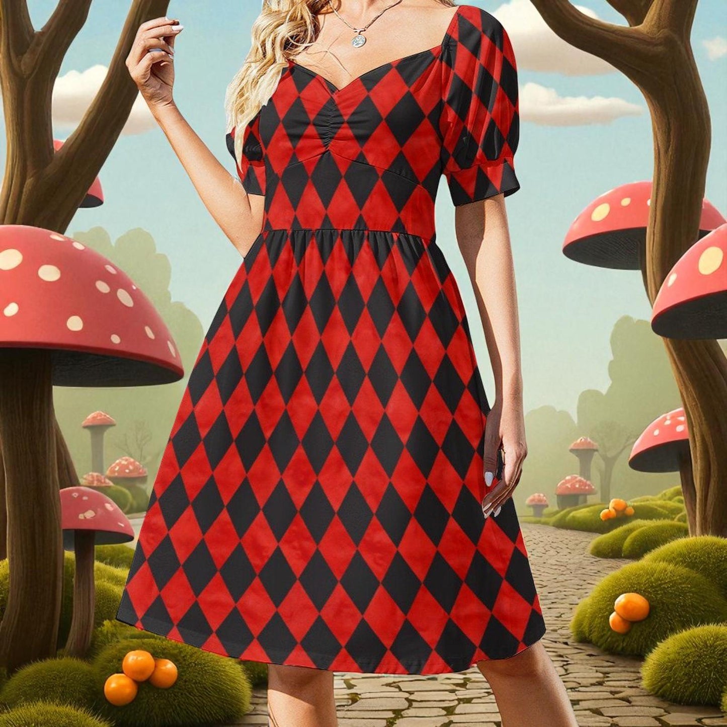 Red harlequin puff sleeve dress, Alice in Wonderland costume, gothic carnival party dress, sweetheart mini fantasy outfit, fairytale style