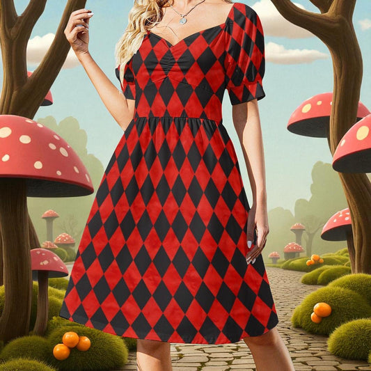 Red harlequin puff sleeve dress, Alice in Wonderland costume, gothic carnival party dress, sweetheart mini fantasy outfit, fairytale style