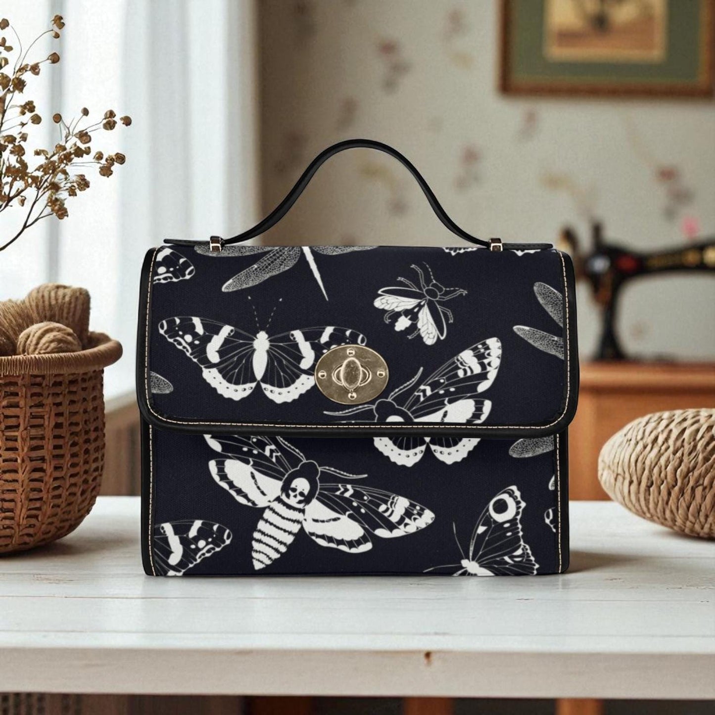 Gothic Moth Print, Black and White Insect Bag, Witchcore Crossbody Purse, Bug Aesthetic Handbag, Dark Fairy Style, Moth Lover Gift Idea