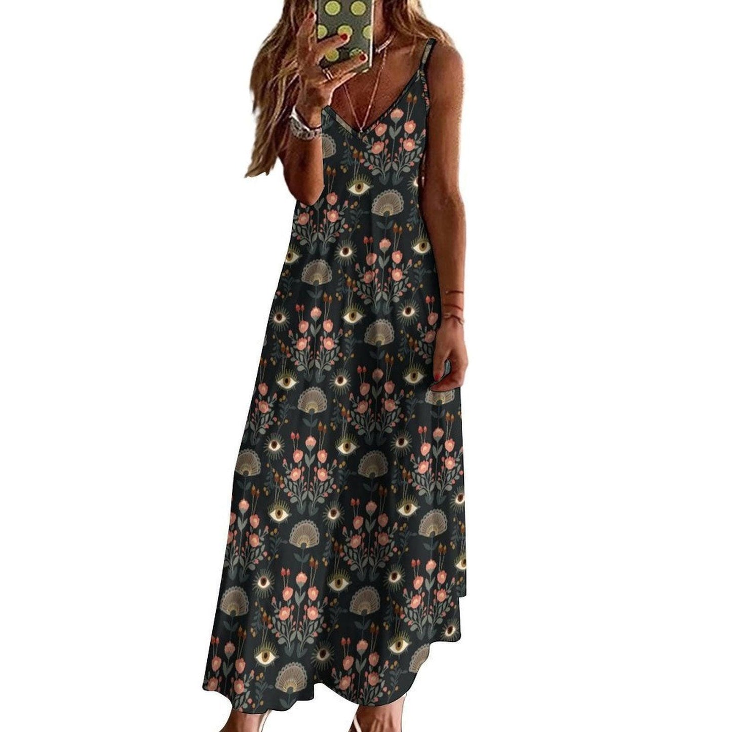 Mystic eye floral dress, Occult botanical maxi gown, Boho tulip eye sundress, Esoteric black summer outfit, Witchy folkcore fashion