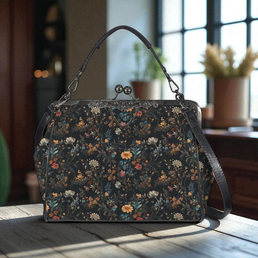 Dark Floral Purse, Gothic Flower Bag, Witchy Floral Clutch, Vintage Crossbody Satchel, Mystic Cottagecore Handbag, Dark Botanical Gift