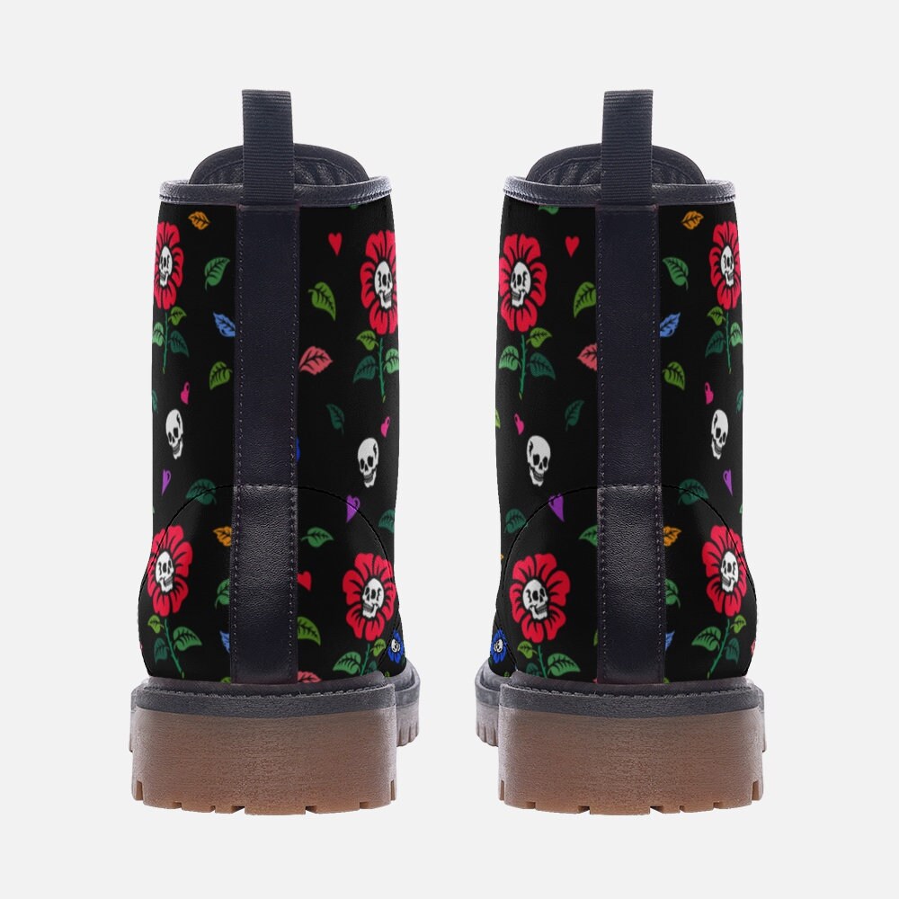 Skull flower print boots, creepy cute festival shoes, dark floral lace ups, punk inspired combat footwear, edgy alternative fashion boots