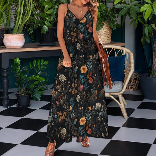 Dark Cottagecore Maxi Dress, Dark Floral Pattern Dress, Forest Ferns Dress, Witchy Maxi Dress, Fairy Grunge Dress, Whimsigoth Dress