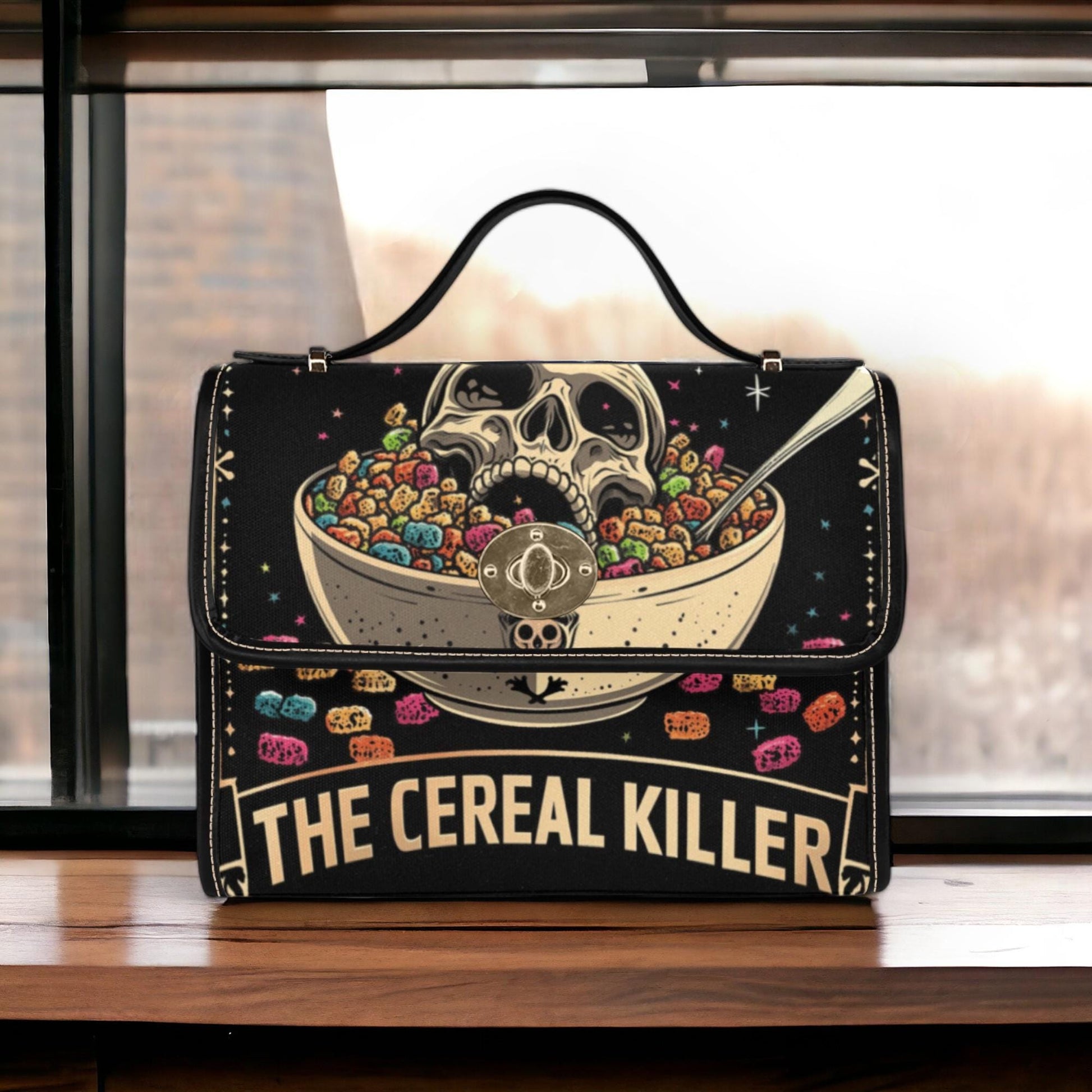 a black purse with a picture of a skull in a bowl of cereal